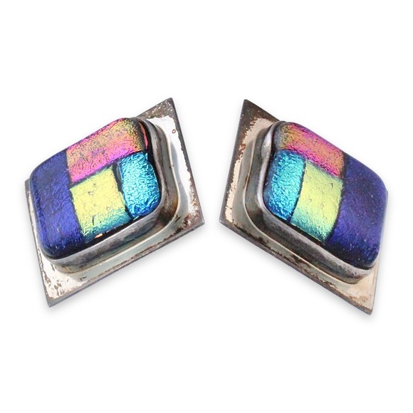 Vintage Debora Wayne Dichroic Glass Sterling Silver Stud Earrings Signed 1998 - Picture 2 of 5
